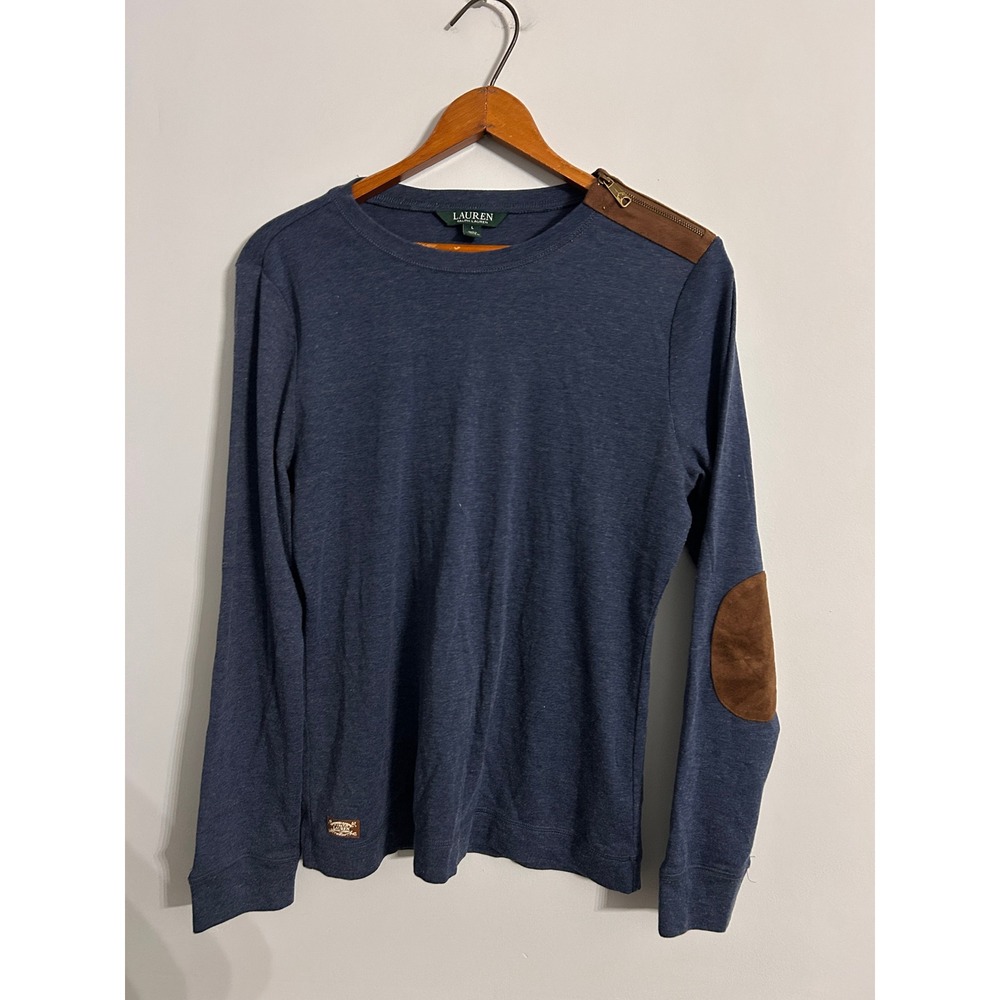 Lauren Ralph Lauren Navy Blue Long Sleeve Top Faux Suede Elbow Patch Zipper L
